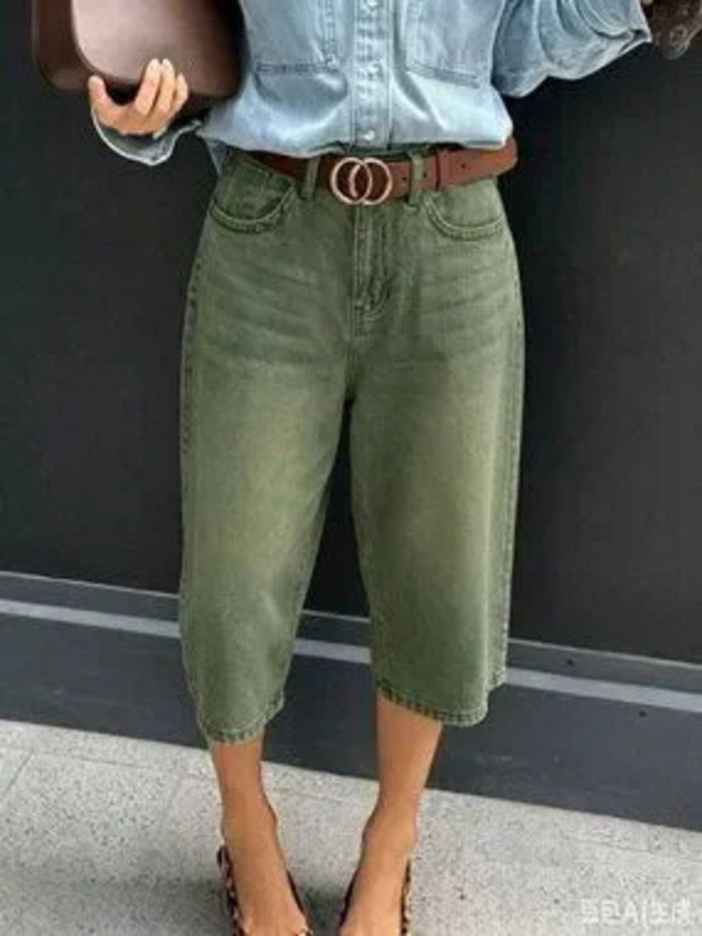 Green Casual Women's Denim Bermuda Shorts with Pockets